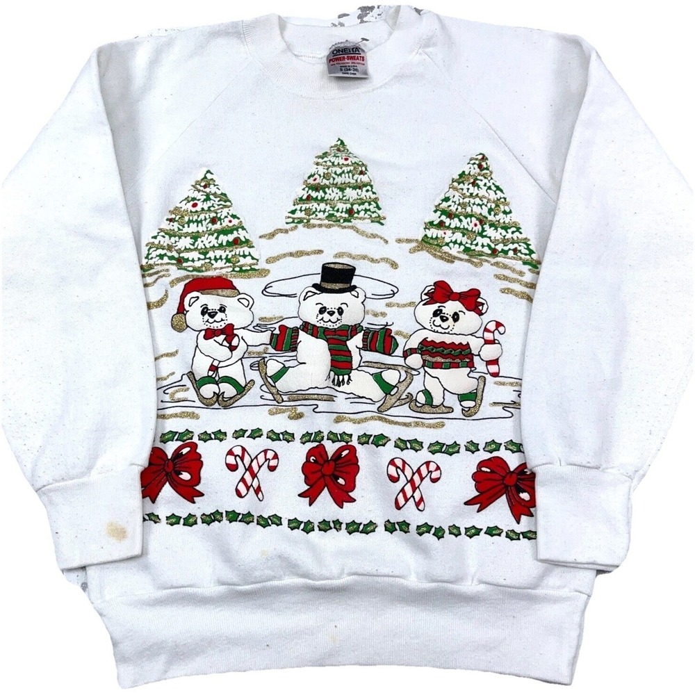 Vintage Christmas Sweater Women Small Crew Neck Sweatshirt USA 80s 90s Snowman *
